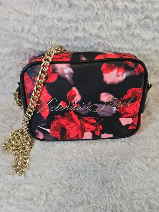 Victoria's Secret Black Crossbody with Red Floral Print and Gold Chain
