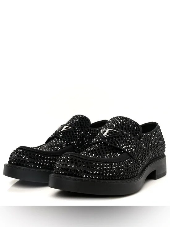 Prada Crystal Satin Black Studded Loafers Men’s US 10.5