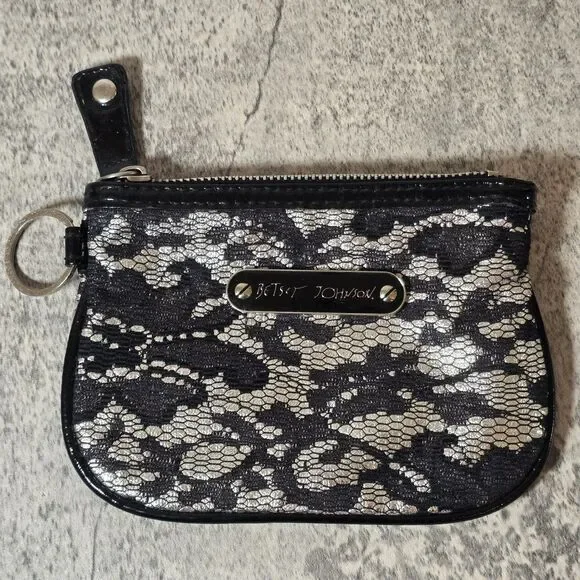 BETSEY JOHNSON White & Black Lace Stud Clutch Wristlet W/ mixed metal Hardware