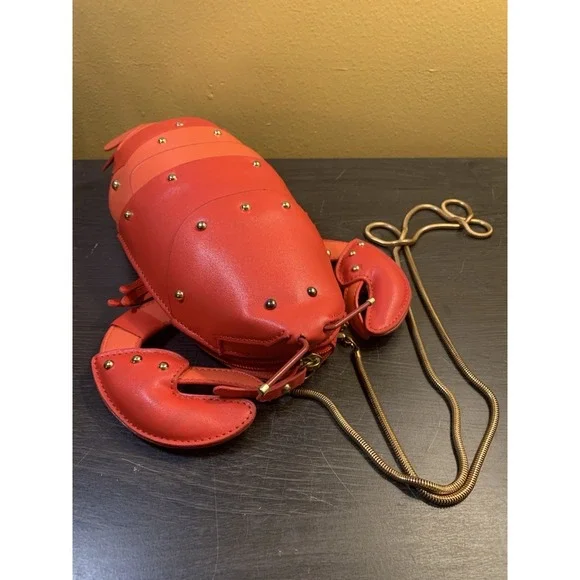 Red Novelty Lobster Shape Purse Crossbody Bag Faux Leather Gold Chain Strap