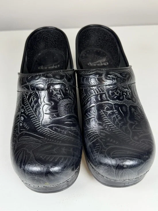 Dansko Black Embossed Leather Slip-On Clogs size 37