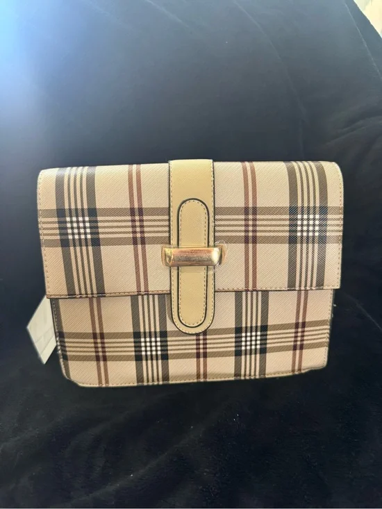 Plaid Crossbody Bag in Beige with Gold Hardware vegan leather