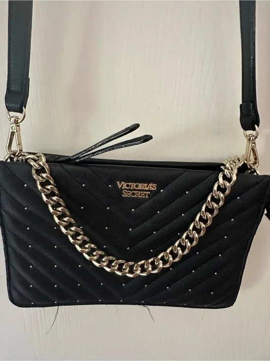 Victoria's Secret Black Quilted Crossbody with Gold Chain