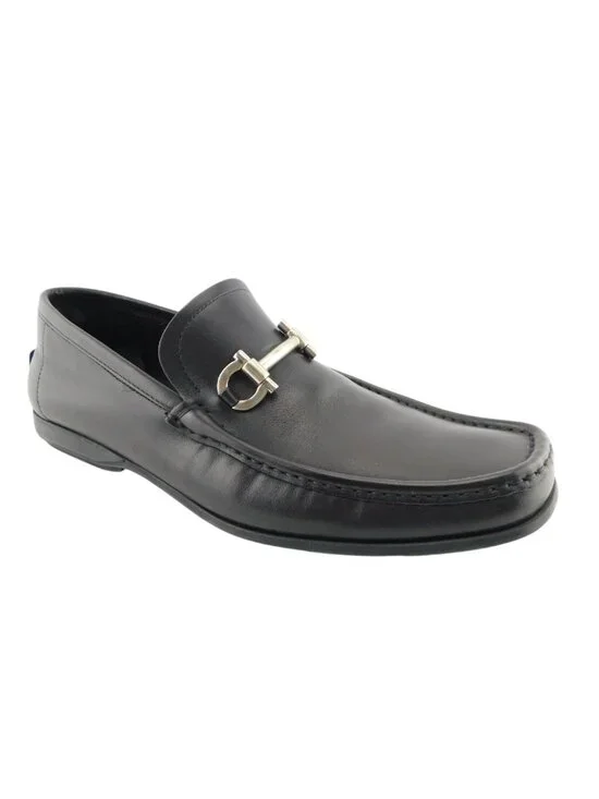 FERRAGAMO Black Leather Logo Horse Bit Slip-on Driver Moccasin Flat Loafers 9