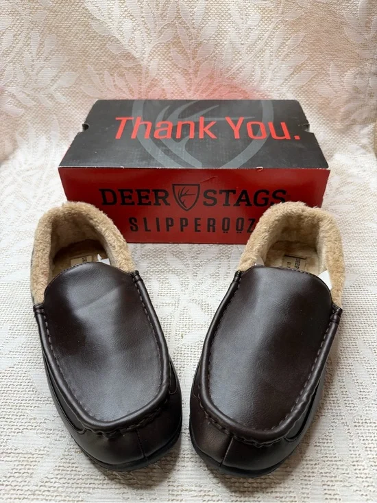 Deer Stags Dark Brown Faux-Leather Moccasin Slippers