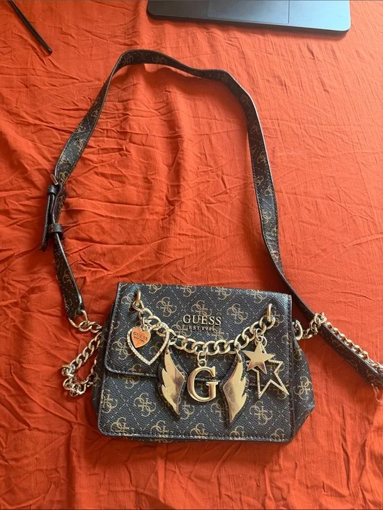 GUESS Brown Monogram Crossbody with Gold Charm Chain