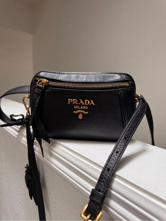 Prada Black Leather Crossbody with Gold Logo