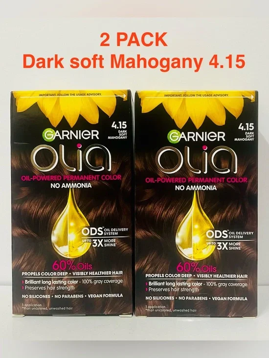 Garnier Olia Permanent Hair Color 4.15 Dark Soft Mahogany Ammonia Free (2 PACK)