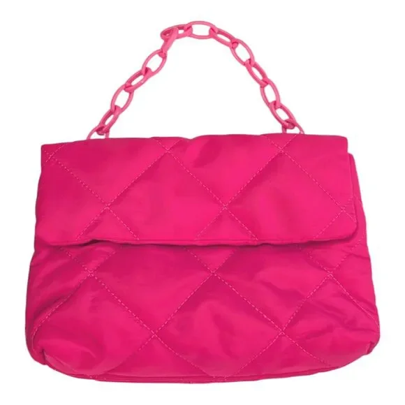 Neon Pink Quilted Nylon Rectangle Crossbody Shoulder Handbag With Chain
