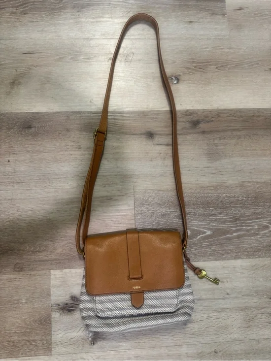 Fossil Brown Leather-Trim Woven Crossbody Bag