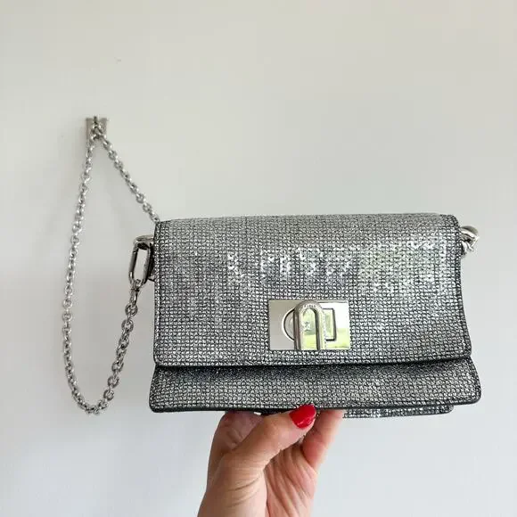 FURLA 1927 Glitter Embellished Chain Strap Mini Crossbody Bag Silver