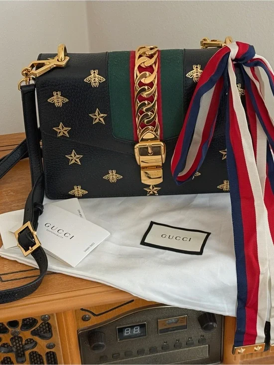 Gucci Black Leather Bee & Star Embellished Shoulder Bag with Red/Green Stripe