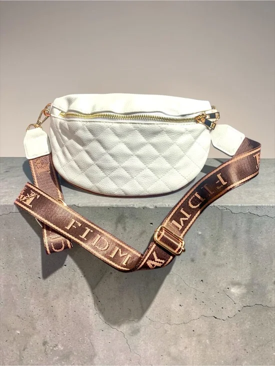 Quilted White Crossbody Belt Bag with Branded Strap. FIDM Brand. NWOT