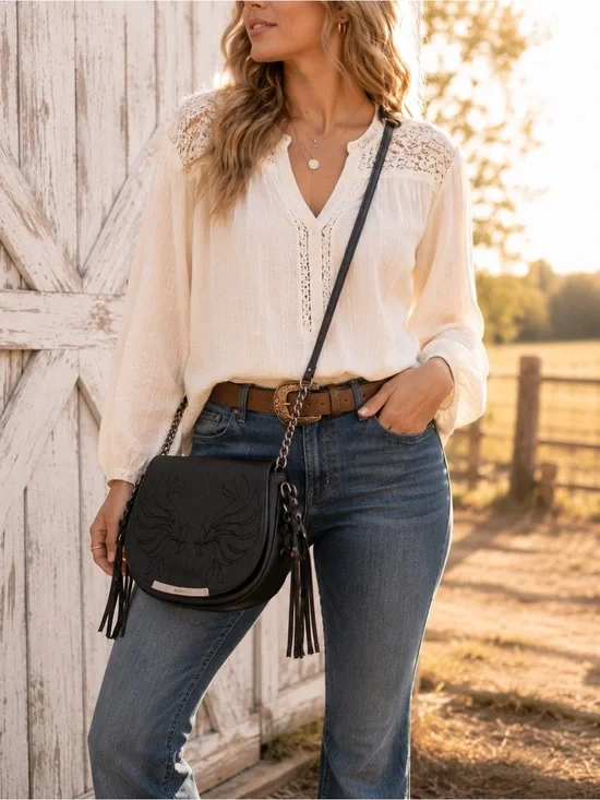 Aldo Black Western Boho Crossbody Saddle Bag | Embroidered Tassel Chain Purse