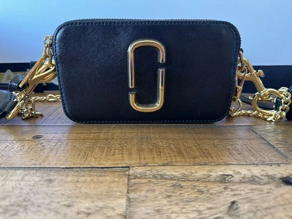 Marc Jacobs The Snapshot Bag Women's Small Black Leather Crossbody Glitter Strap