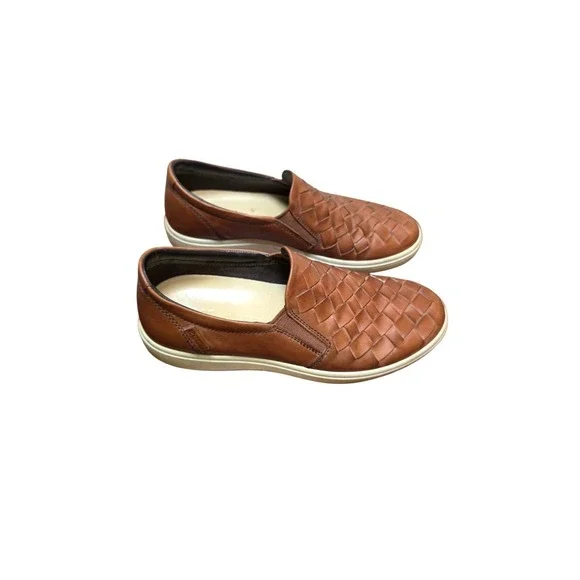 Ecco‎ Men Brown Leather Woven Boho Vacations Beach Slip-On Shoes Size 41 EU