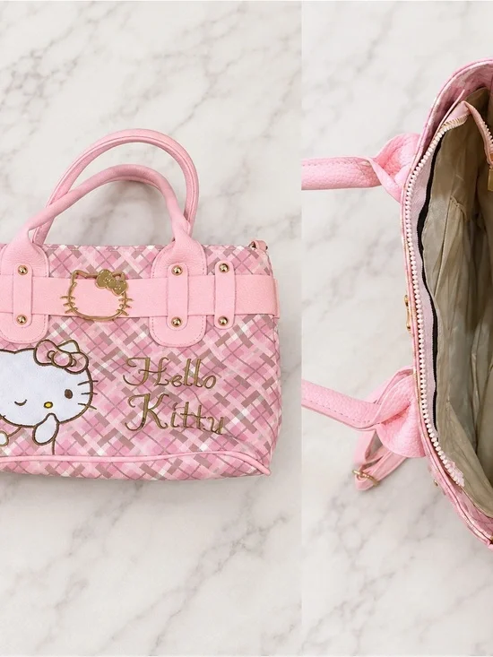 Hello Kitty Pink Plaid Crossbody Tote Bag with Gold Accents