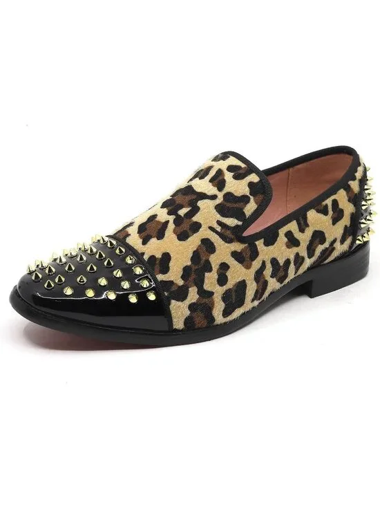 Metrocharm Men's Tan Brown Leopard Print Loafers Smoking Slip On Formal Shoes