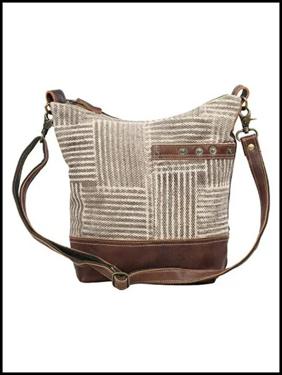 Canvas Bucket Purse with Genuine Leather Detailing, Boho Shoulder Bag