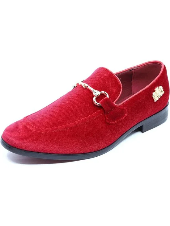 Metrocharm Men's Red Rubber Velvet Loafers Gold Buckle Slip On Classic Shoes