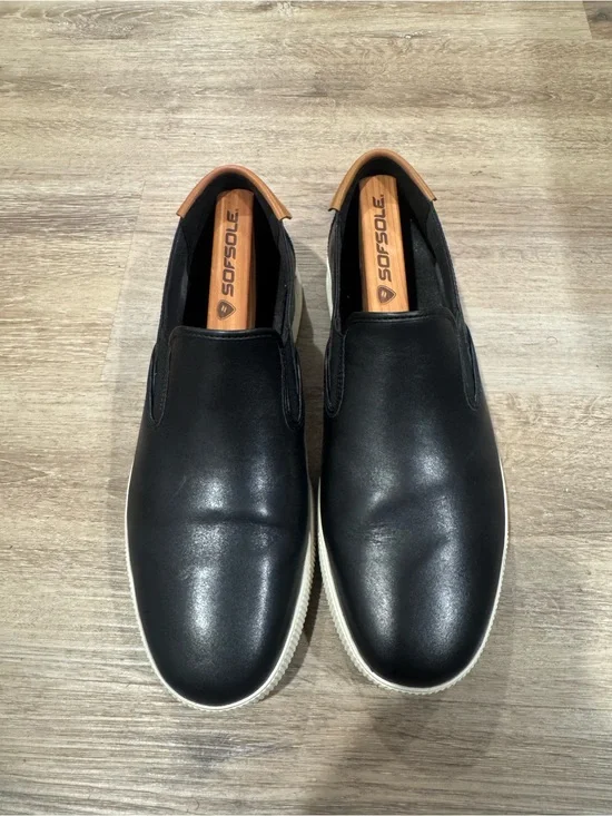 Cole Haan Black Leather Slip-On Loafers with White Outsole and Tan Heel Tab