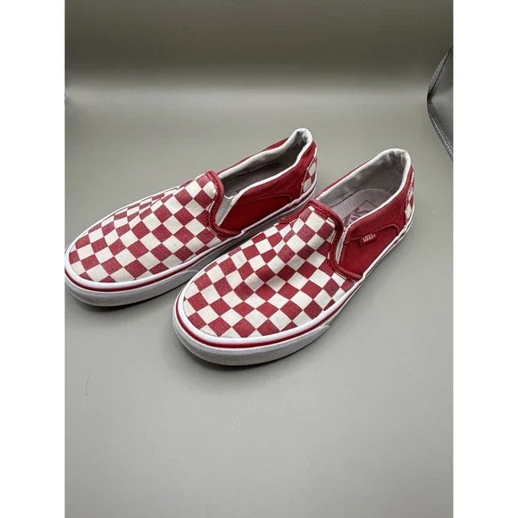 Vans Classic Slip-On Red White Checkerboard Canvas Skate Shoes Unisex-Women's 7