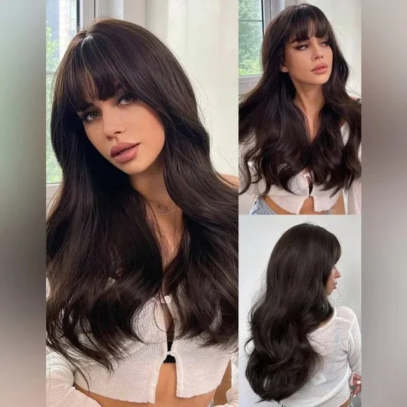 24 Inch  Natural Brown Wavy Butterfly Hair  with bangs