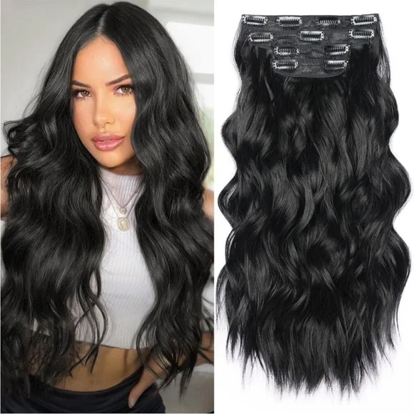 Clip in Hair Extensions 4Pcs Long Wavy Natural Black Hair Clip ins NEW