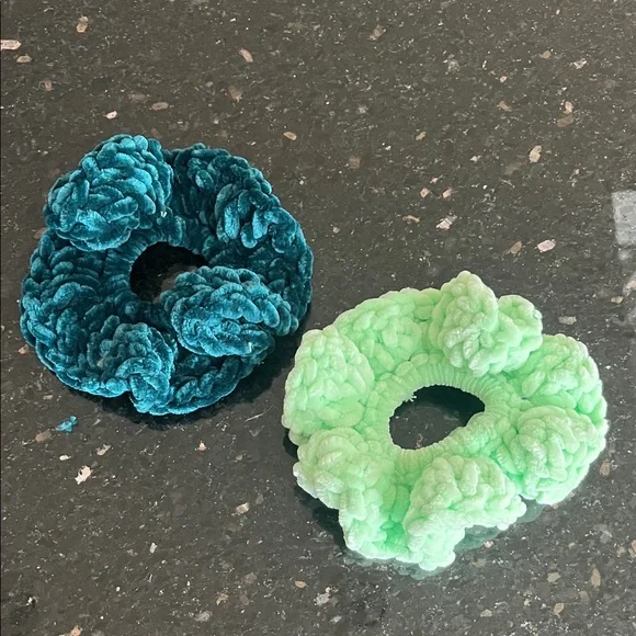 Set of Two New Hand Knit Chenille Scrunchies in Green- Teal and Mint