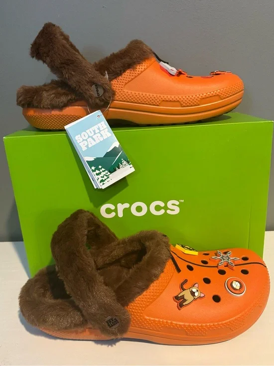 CROCS South Park Orange Faux-Fur Lined Clog Mules with Charms
