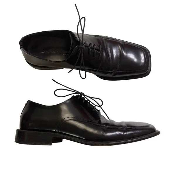 Via Spiga Dress Shoes 10.5 Black Square Toe Leather Lace Up Made in Italy 86