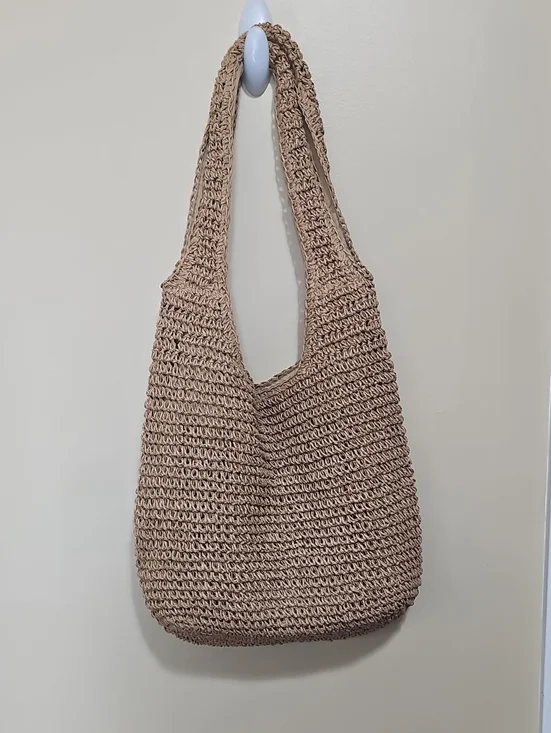 Large Boho Crochet Raffia Slouchy Hobo Shoulder Bag Tan Woven Straw Beach Tote