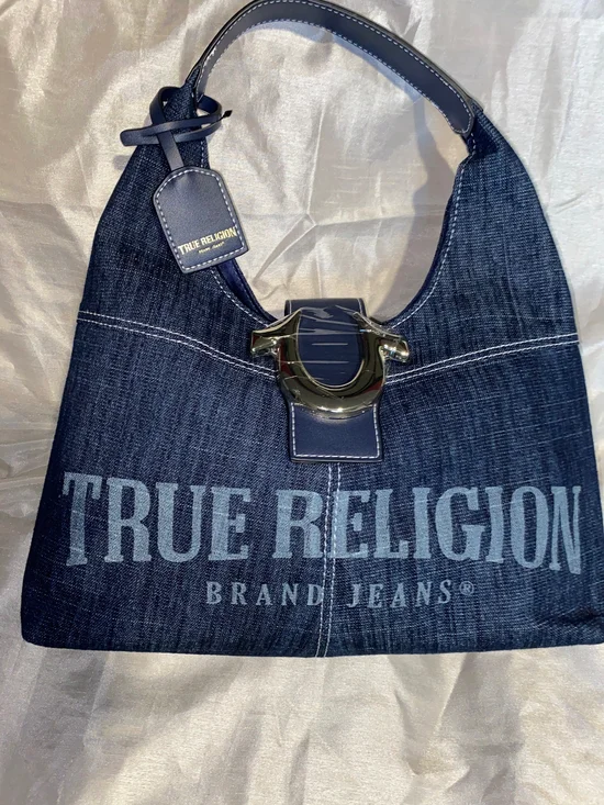 True Religion Denim Blue Hobo Bag with Silver Hardware