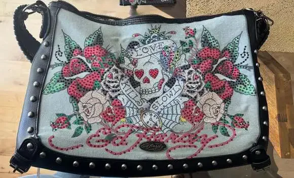 Ed Hardy Love Kills Slowly Denim Skull and Roses Studded Hobo Bag