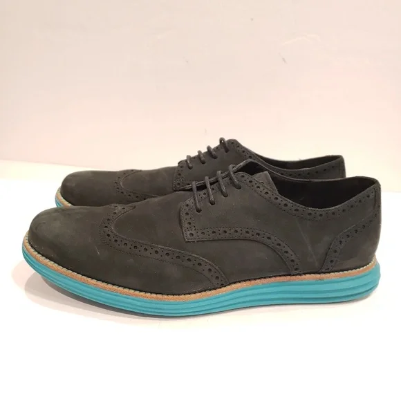 Cole Haan Mens Dress Shoes Lunargrand wingtips black suede and Tiffany blue 11.5