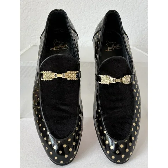 Christian Louboutin Men’s Equiswing EU 40 Loafers Patent Black Velvet Gold Dots