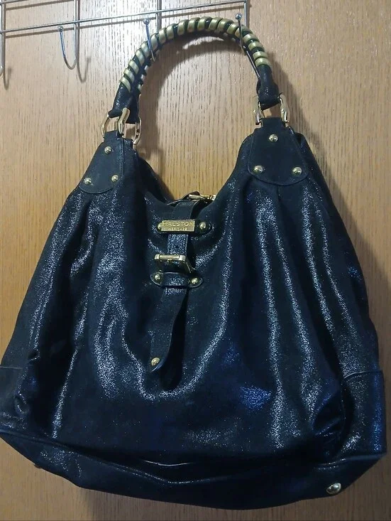 Halston Heritage Black Shimmer Leather Slouchy Hobo Bag - Gold Hardware