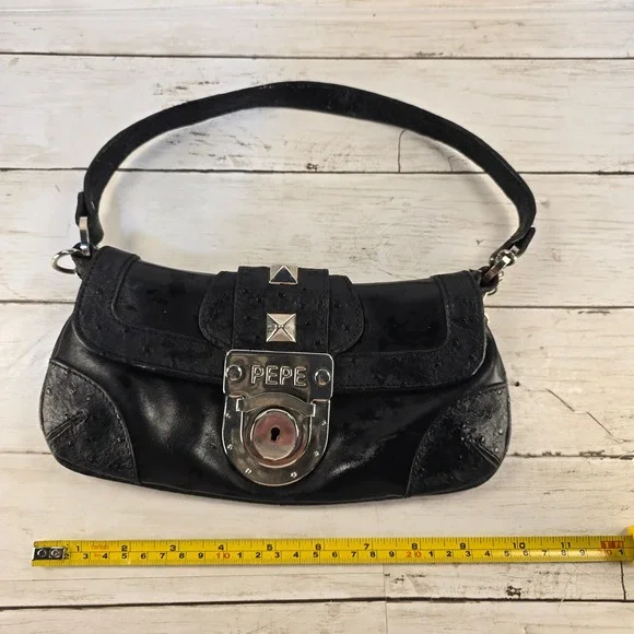 Pepe Jeans London Black Ostrich Embossed Studded Y2K Baguette Shoulder Bag