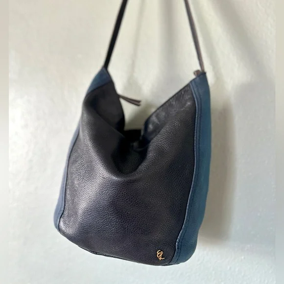 ELLIOTT LUCCA “Keri” Soft Pebbled Leather Bucket Bag | Black & Indigo