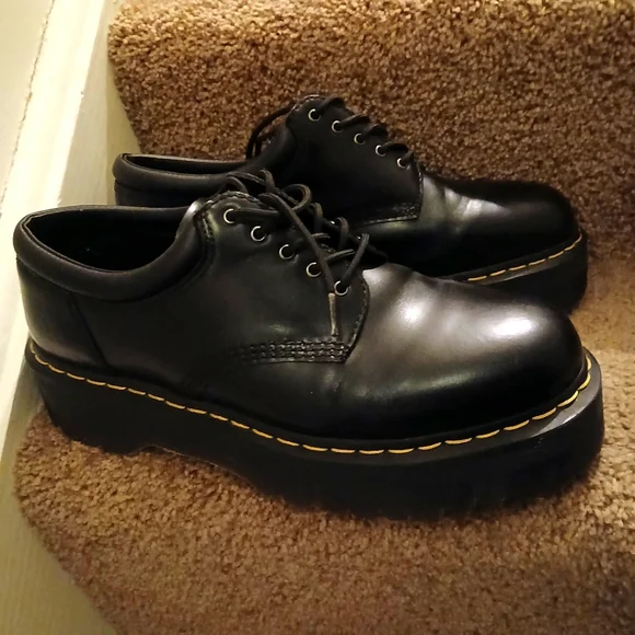 Dr. Martens Black Leather Platform Derby Shoes with Yellow Stitching