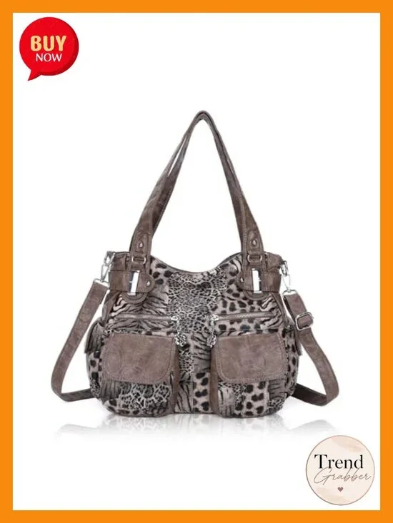 Washed Faux Leather Hobo Bag Double Zipper Multi Pocket Tote Shoulder Bag