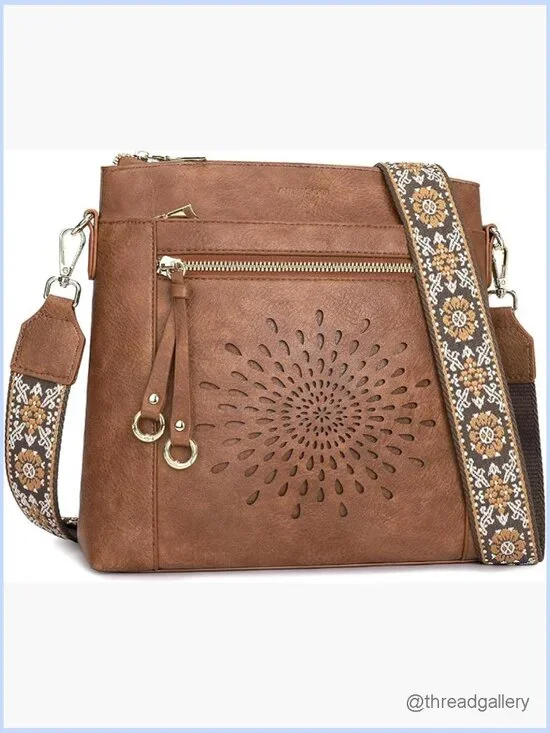 Faux Leather Crossbody Bag with Wide Guitar Strap Multi Pocket Hobo Purse