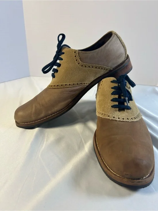 Cole Haan Men Sz 11 Brown Two-Tone Tan Saddle Oxford Nubuck Suade Leather Shoes‎