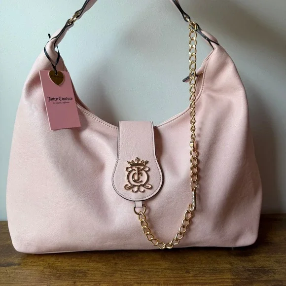New Juicy Couture Royal Crest Large Light Pink Hobo Shoulder Handbag Y2K Charms