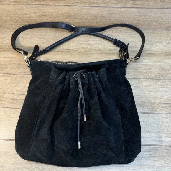 H&M Black Suede Slouchy Hobo Drawstring Shoulder Crossbody Bag Leather Boho