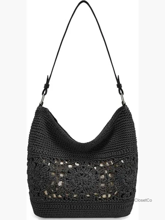 Crochet Hobo Bag Woven Boho Shoulder Purse Handbag with Leather Strap