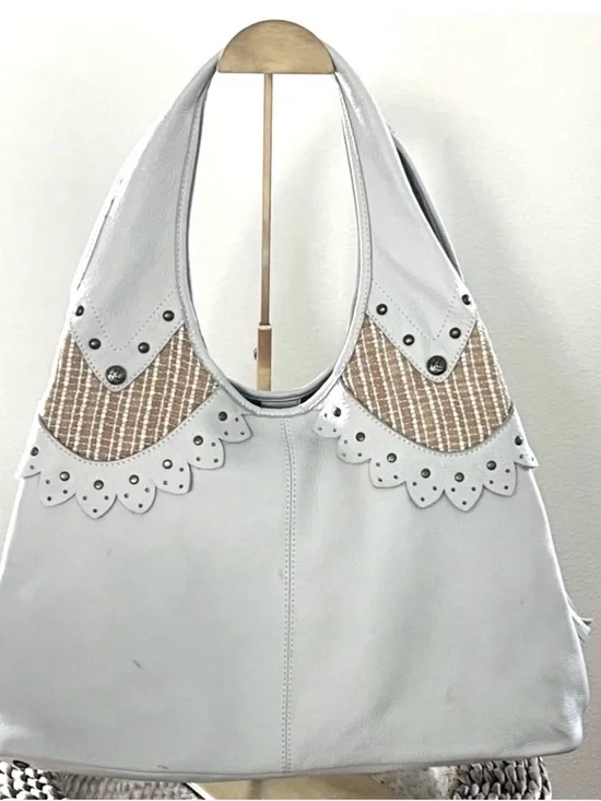 Kate Landry White Leather Studded Hobo Shoulder Bag Tweed Scallop Boho EUC