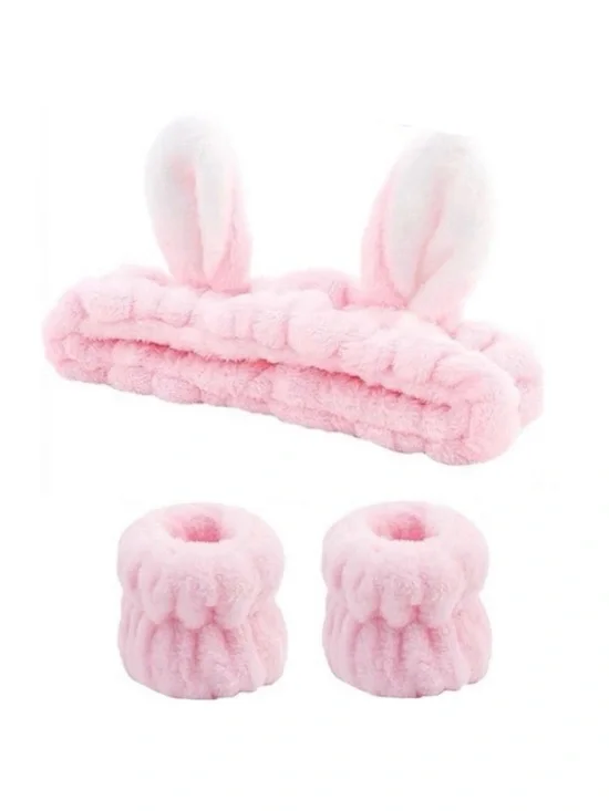 Pink Bunny Ear Spa Headband & Wristbands Set Face Washing Skincare Makeup, [New]