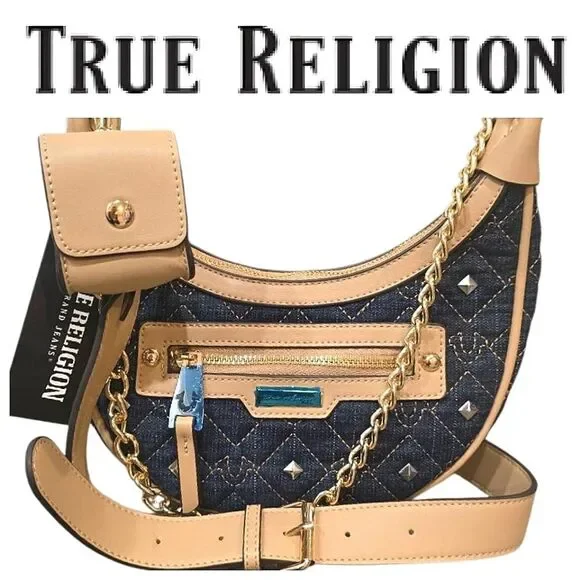 True Religion Horseshoe Embossed Studded Denim‎ Hobo Bag