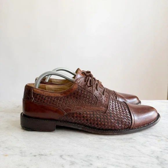 Johnston & Murphy vtg Brown‎ Woven Leather Oxford Shoes, Mens US 9.5M
